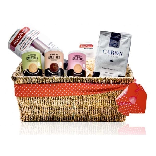Gift hamper with coffee, biscuits and aeropress coffee maker.