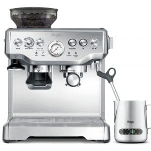 Front view of Sage Barista Express Bean to cup coffee machine with milk foaming jug.