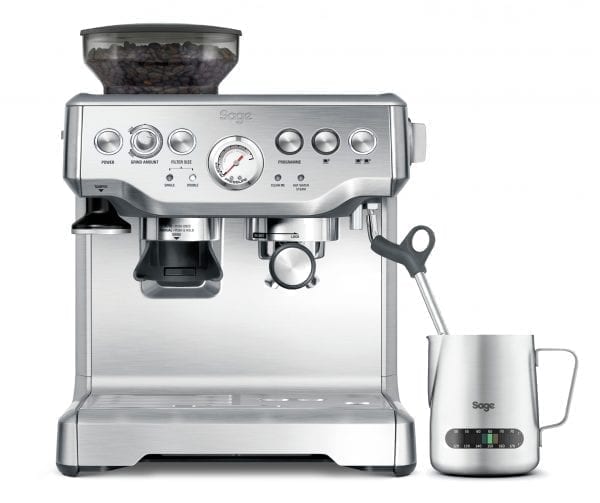 Front view of Sage Barista Express Bean to cup coffee machine with milk foaming jug.