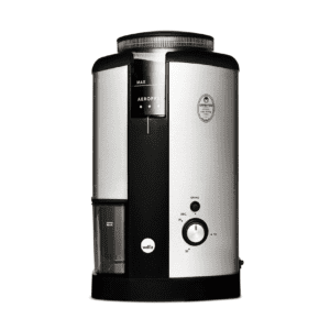 Wilfa Svarta electric coffee grinder in silver and black, front view showing selection switch and bean hopper dial.