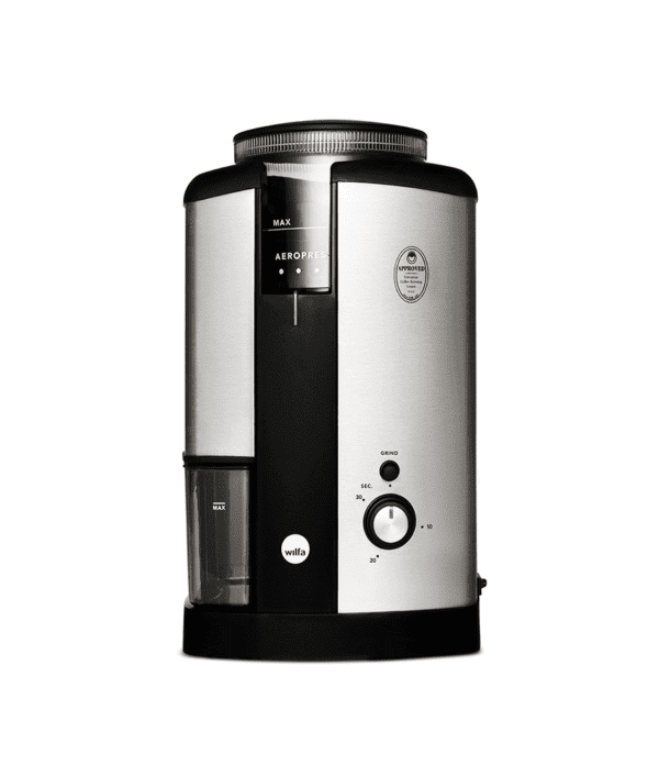 Wilfa Svarta electric coffee grinder in silver and black, front view showing selection switch and bean hopper dial.