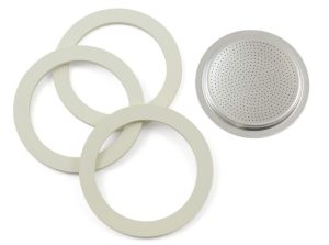 Bialetti 3 Gaskets + 1 Filter Moka Express, Dama, Mini, Moka Elettrika, Junior,Morenita - 1 Cup