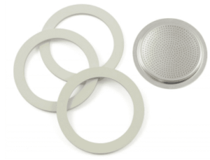 Bialetti 3 Gaskets + 1 Filter Moka Express, Dama, Mini, Moka Elettrika, Junior,Morenita - 2 Cups